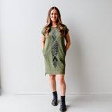 Rolled-Sleeve Tee Dress, Khaki - Hautūtanga